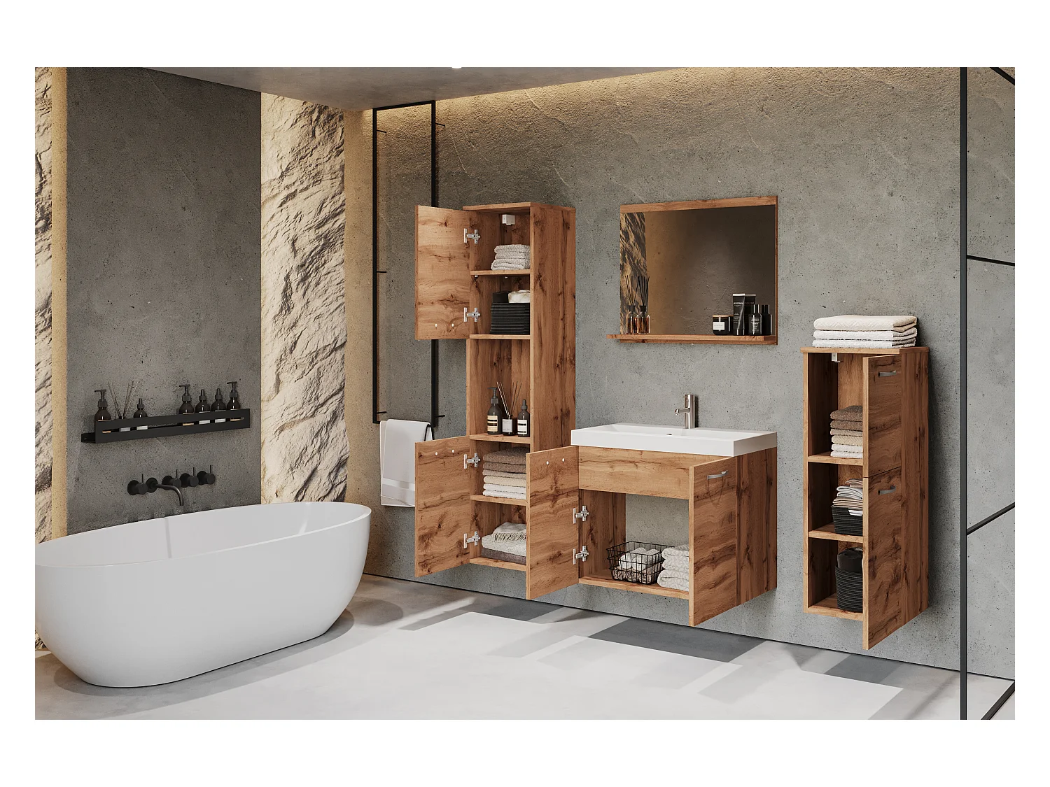 Móveis de casa de banho, conjunto suspenso com lavatório, espelho e 2 colunas, wotan mate