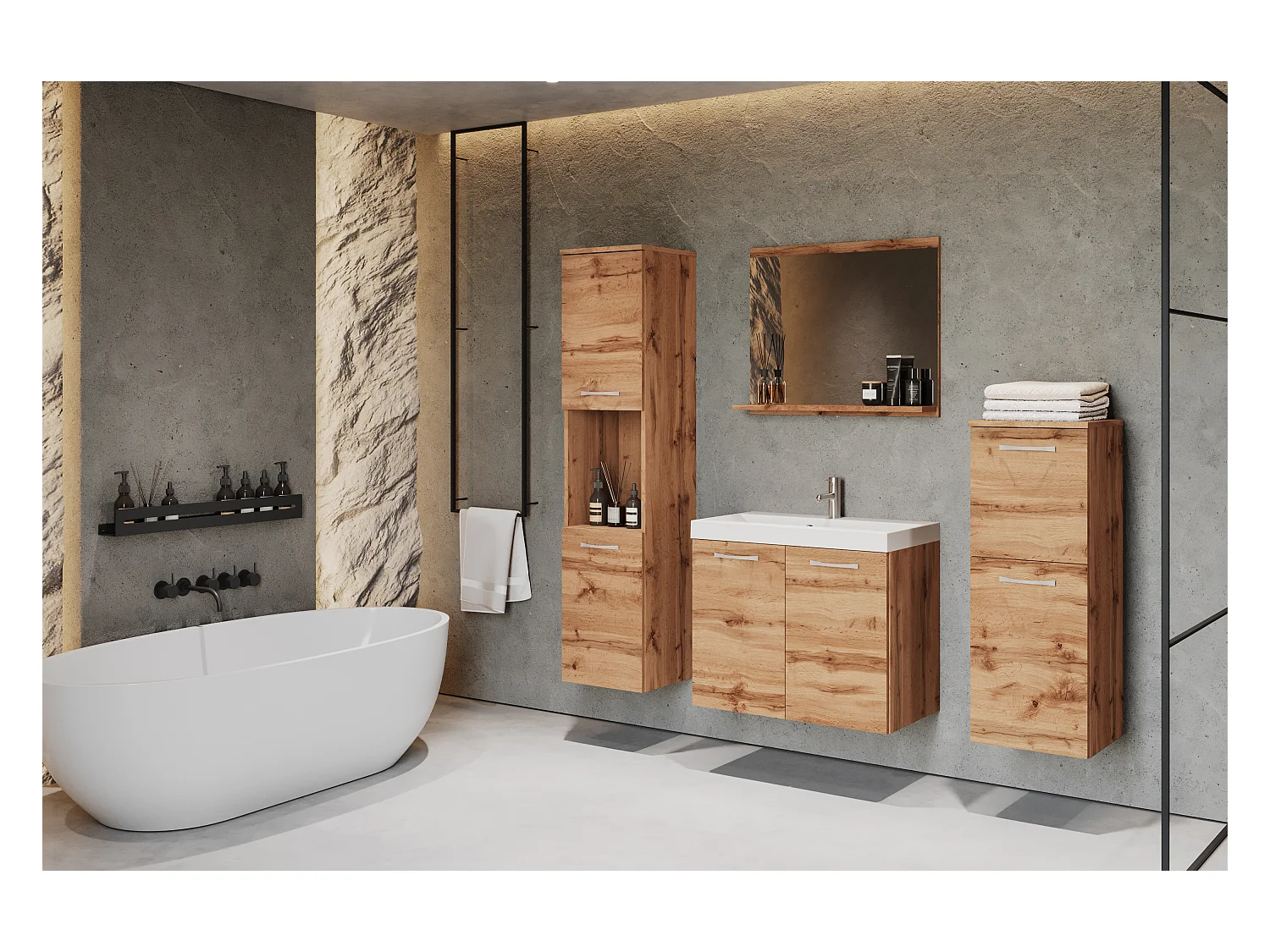 Meubles de salle de bain, ensemble suspendu avec lavabo, miroir et 2 colonnes, wotan mat