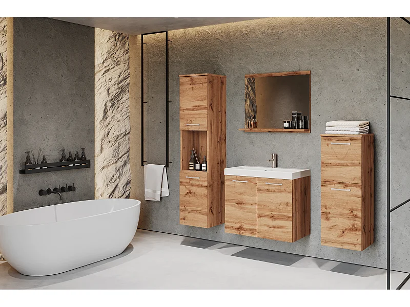 Meubles de salle de bain, ensemble suspendu avec lavabo, miroir et 2 colonnes, wotan mat