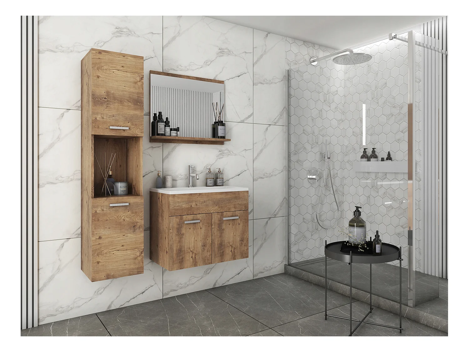 Ensemble de salle de bain suspendu avec lavabo, miroir et colonnes, châtaignier mat