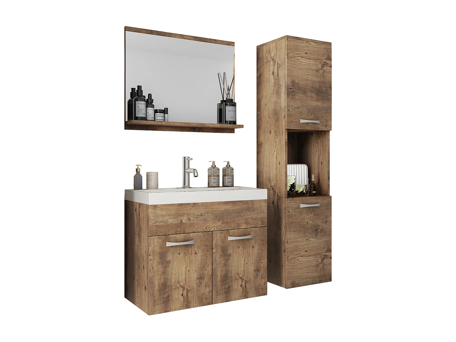 Ensemble de salle de bain suspendu avec lavabo, miroir et colonnes, châtaignier mat