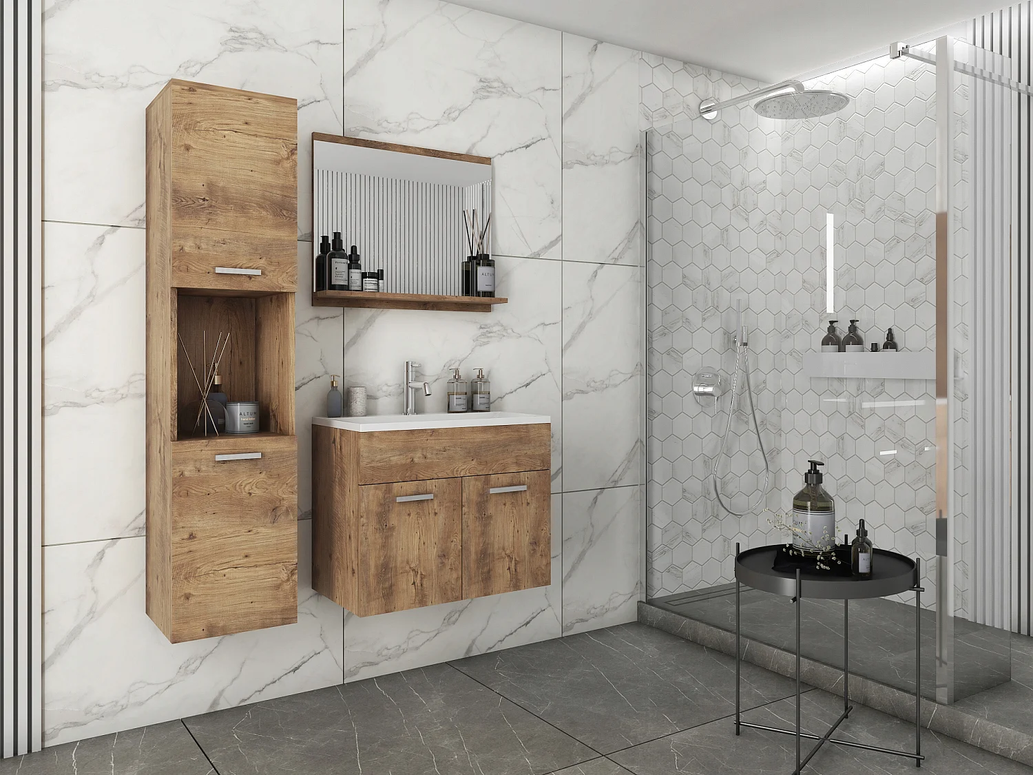 Ensemble de salle de bain suspendu avec lavabo, miroir et colonnes, châtaignier mat