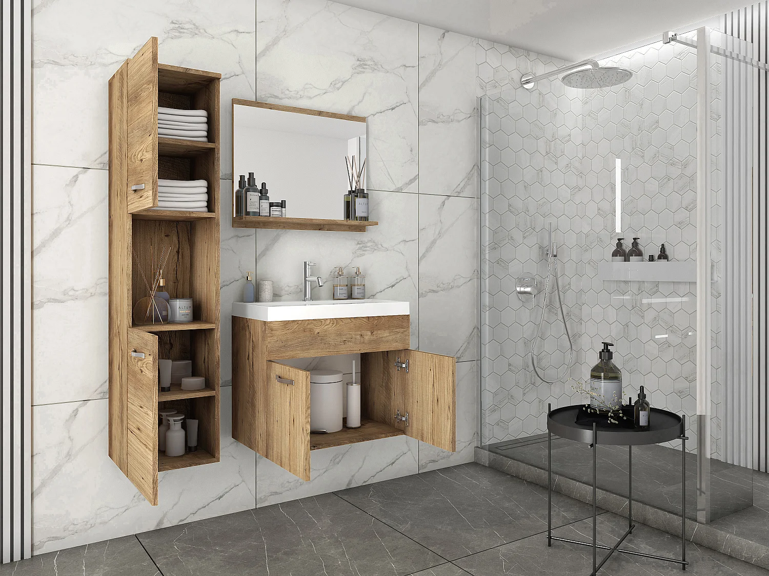 Ensemble de salle de bain suspendu avec lavabo, miroir et colonnes, châtaignier mat