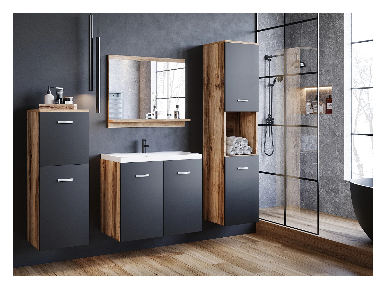 Meubles de salle de bain, ensemble suspendu avec lavabo, miroir et 2 colonnes, corps wotan façades noir mat