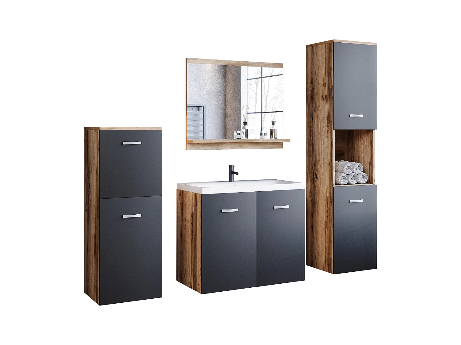 Meubles de salle de bain, ensemble suspendu avec lavabo, miroir et 2 colonnes, corps wotan façades noir mat