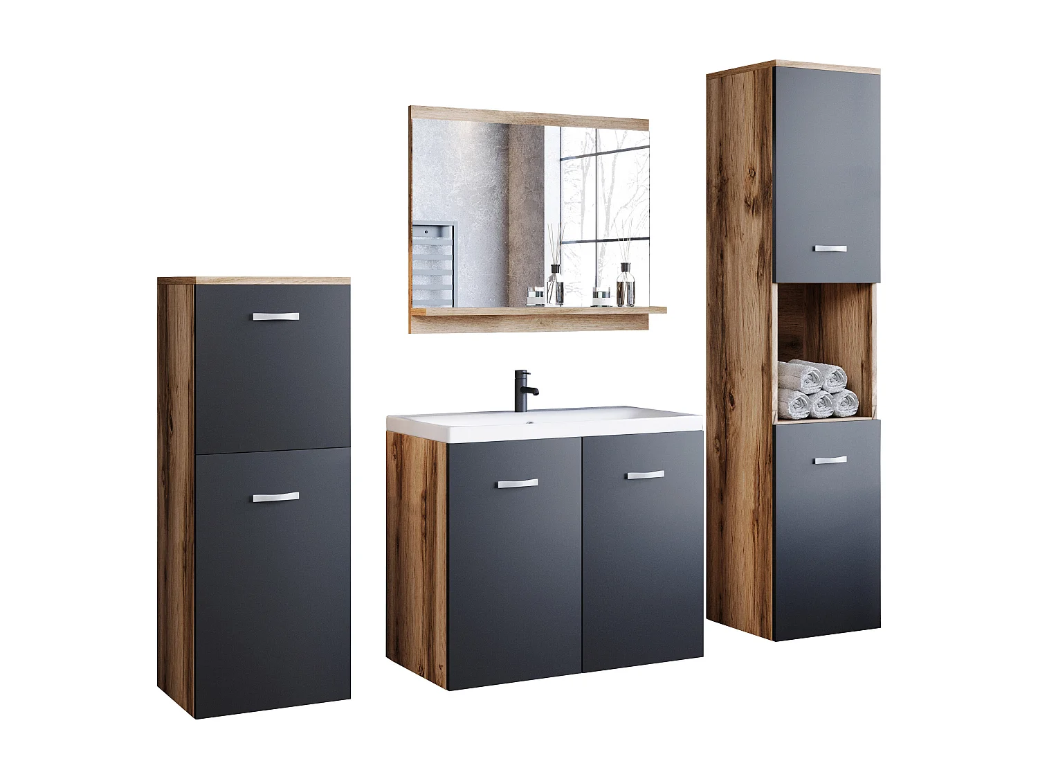 Meubles de salle de bain, ensemble suspendu avec lavabo, miroir et 2 colonnes, corps wotan façades noir mat