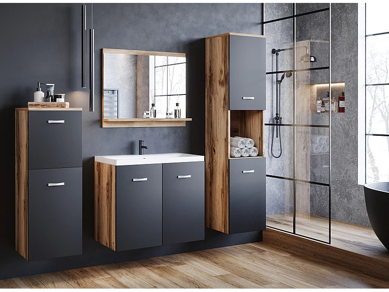 Meubles de salle de bain, ensemble suspendu avec lavabo, miroir et 2 colonnes, corps wotan façades noir mat