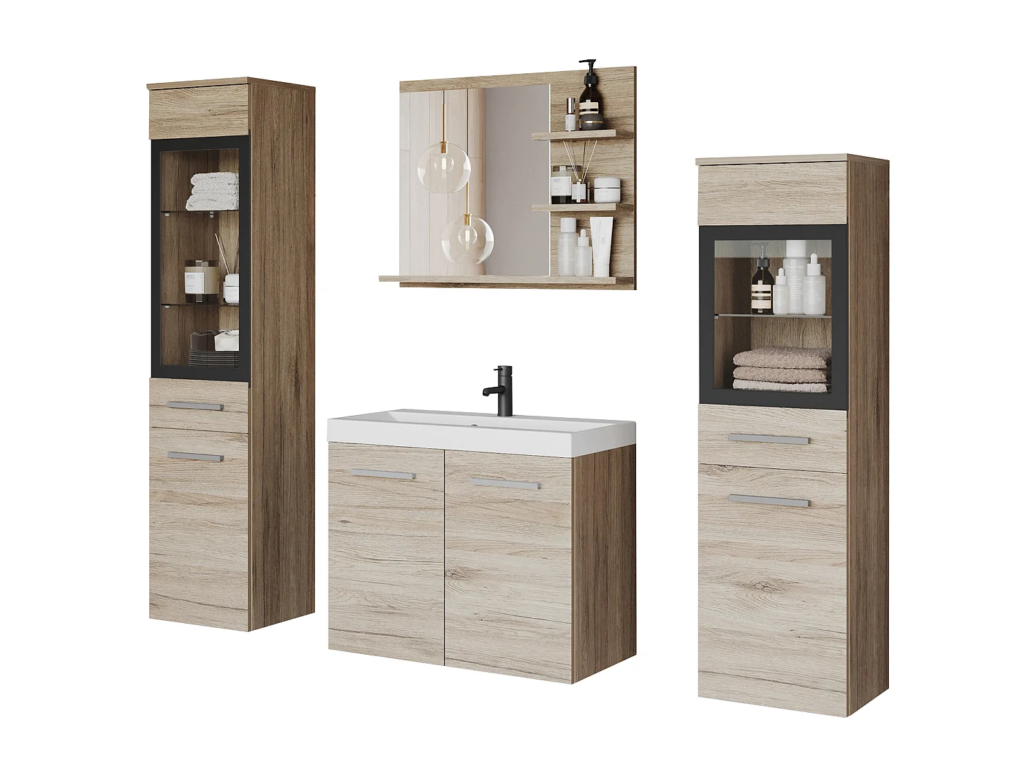 Conjunto de baño, muebles suspendidos con lavabo, 2 columnas y espejo con estantes, san remo mate