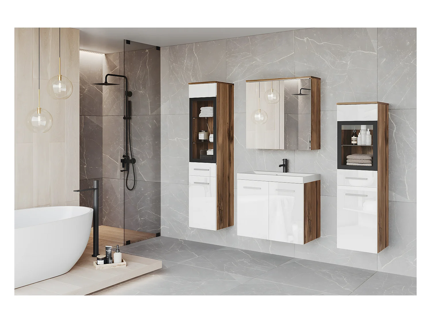 Conjunto de casa de banho suspenso com lavatório, 2 colunas e armário espelhado, corpo carvalho wotan mate / frentes branco brilhante