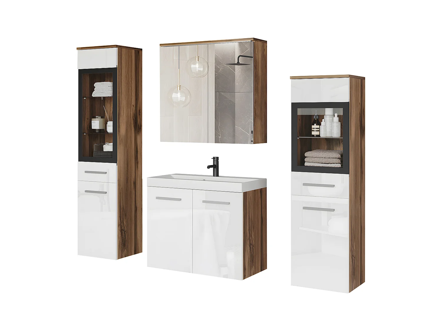 Conjunto de casa de banho suspenso com lavatório, 2 colunas e armário espelhado, corpo carvalho wotan mate / frentes branco brilhante