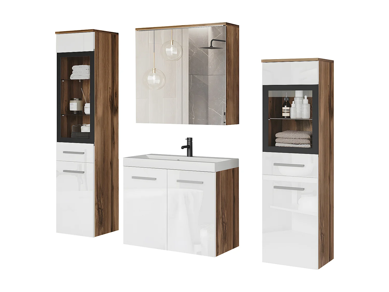 Ensemble de salle de bain suspendu avec lavabo, 2 colonnes et armoire miroir, caisson chêne wotan mat / façades blanc brillant