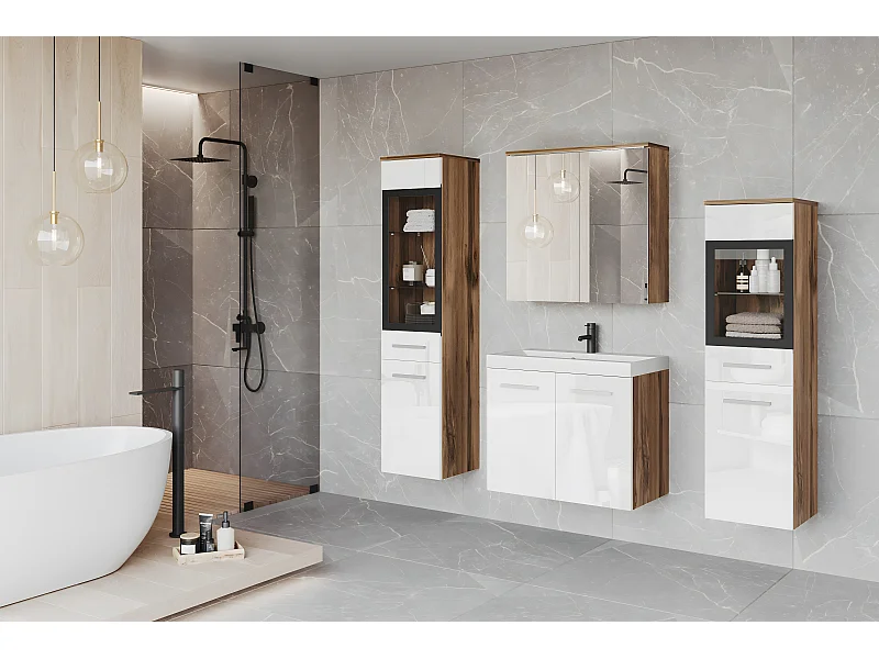 Badkamer set hangend met wastafel, 2 kolomkasten en spiegelkast, corpus eiken wotan mat / fronten wit hoogglans