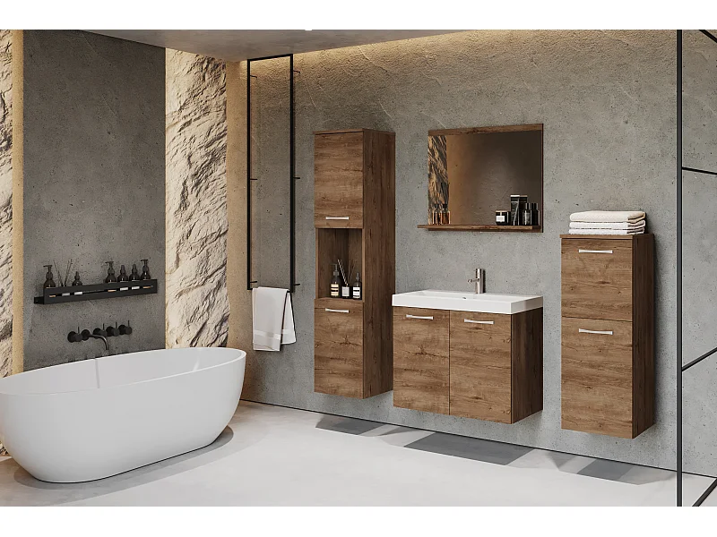 meble łazienkowe, zestaw wiszący do łazienki z umywalką, lustrem i 2 słupkami, lefkas mat