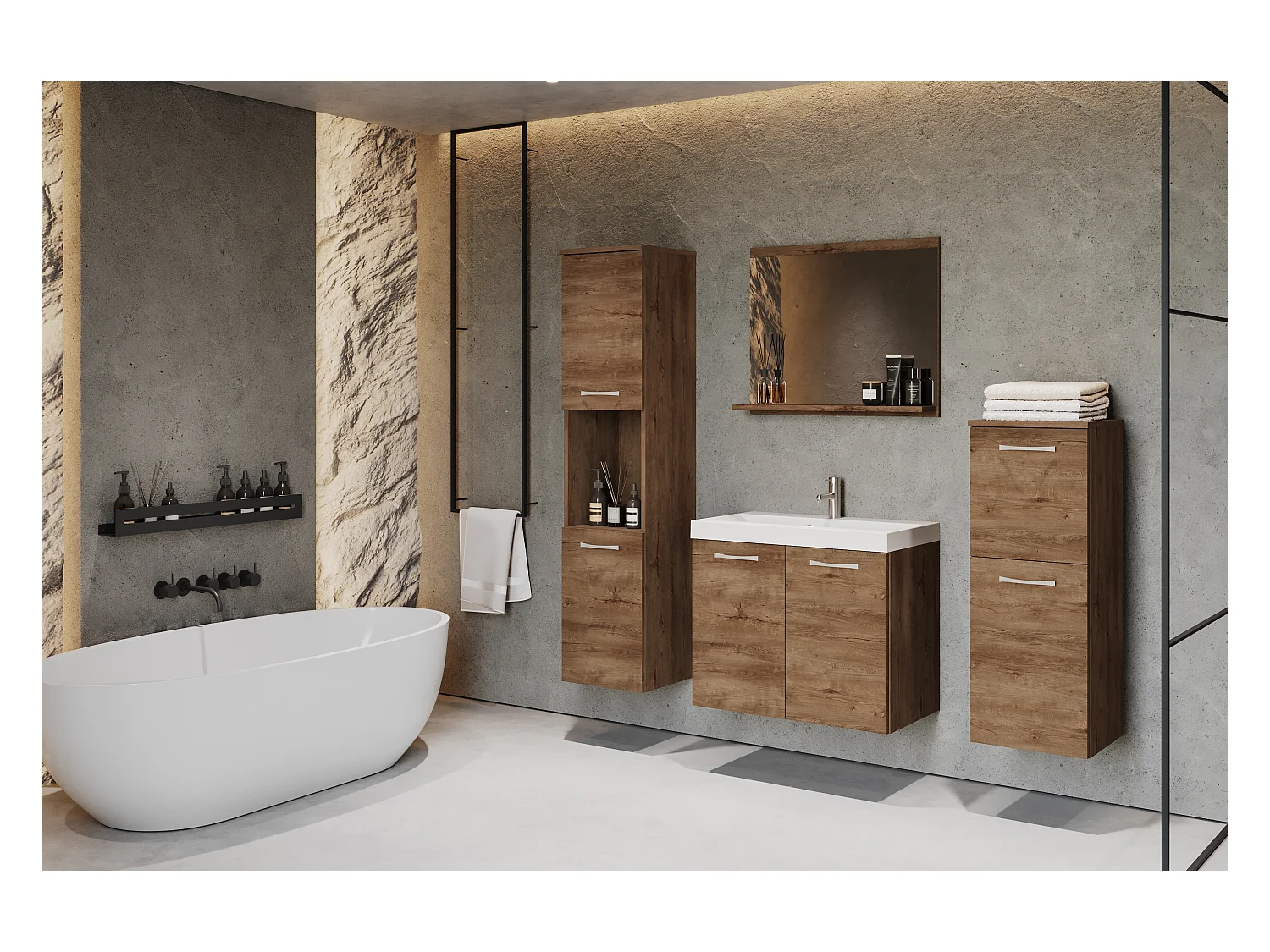 Meubles de salle de bain, ensemble suspendu avec lavabo, miroir et 2 colonnes, lefkas mat