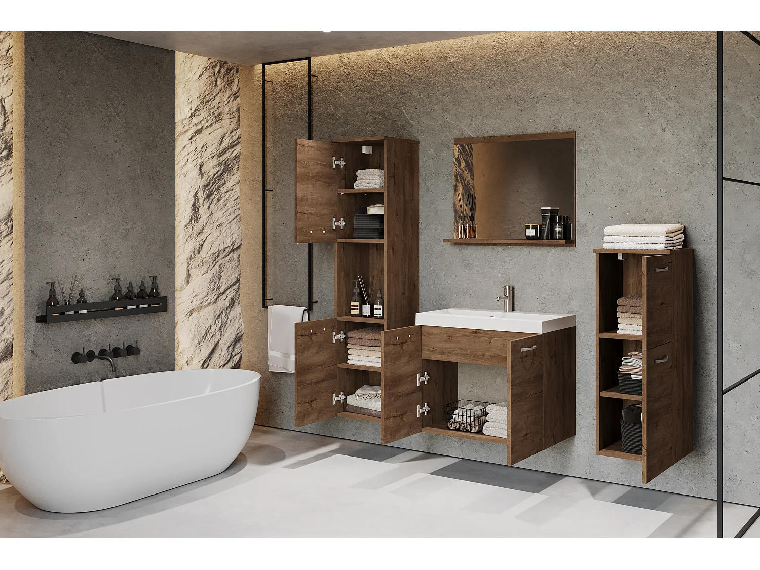 meble łazienkowe, zestaw wiszący do łazienki z umywalką, lustrem i 2 słupkami, lefkas mat