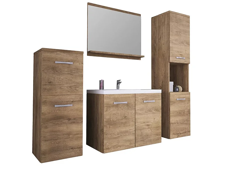 Meubles de salle de bain, ensemble suspendu avec lavabo, miroir et 2 colonnes, lefkas mat