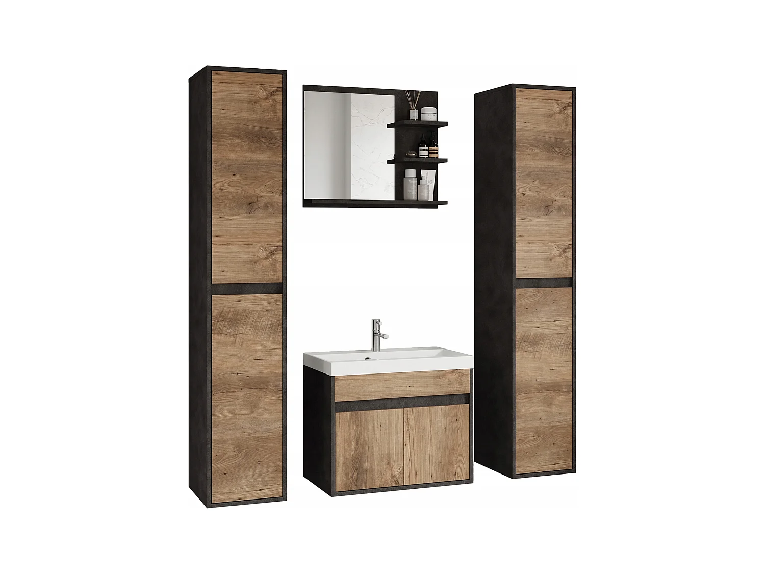 Conjunto moderno de muebles de baño 4 piezas – mueble con lavabo, columnas, espejo matera/castaño mate