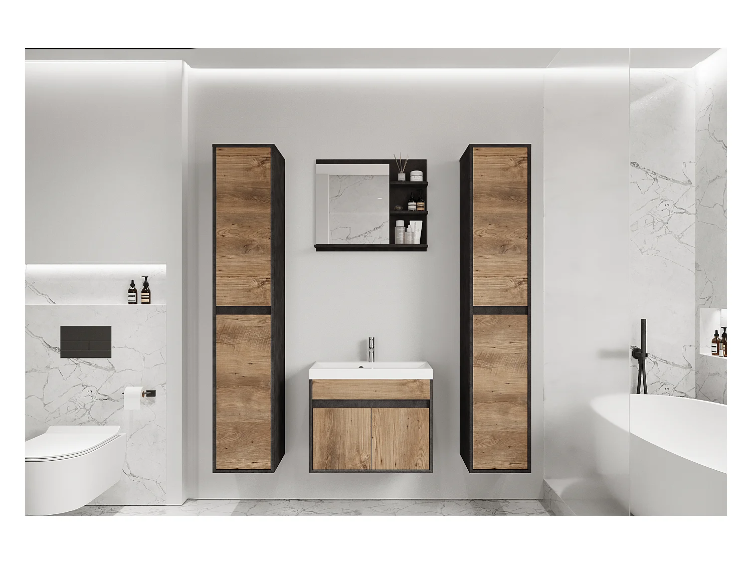 Conjunto moderno de muebles de baño 4 piezas – mueble con lavabo, columnas, espejo matera/castaño mate