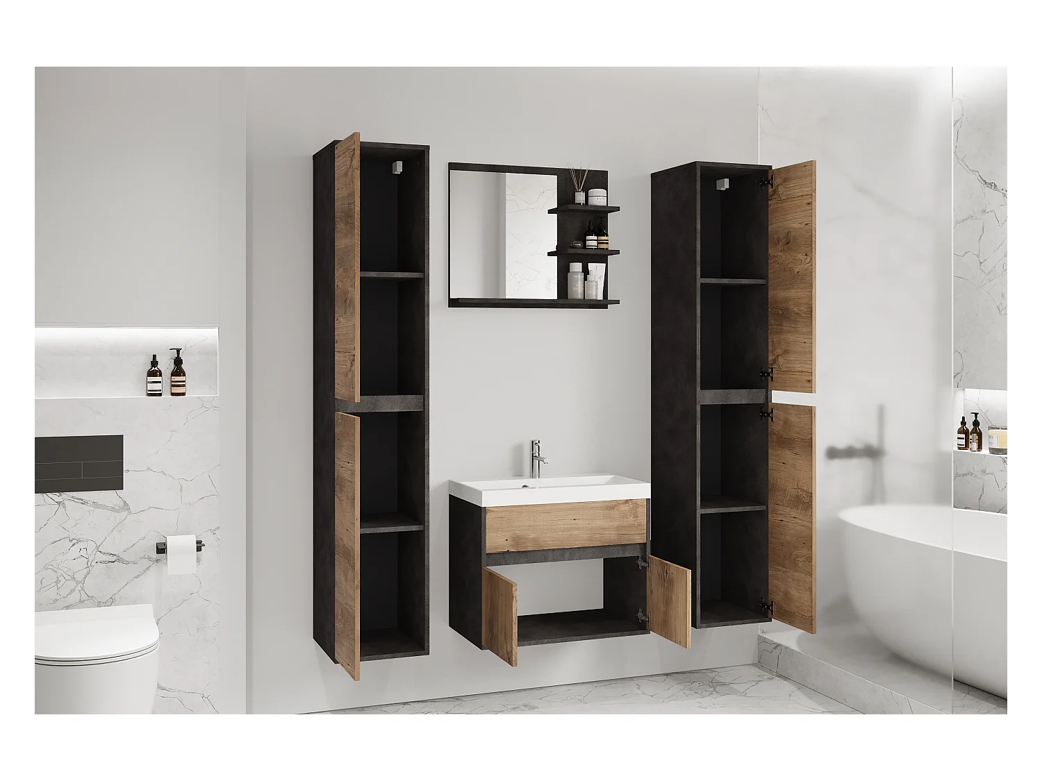 Conjunto moderno de muebles de baño 4 piezas – mueble con lavabo, columnas, espejo matera/castaño mate