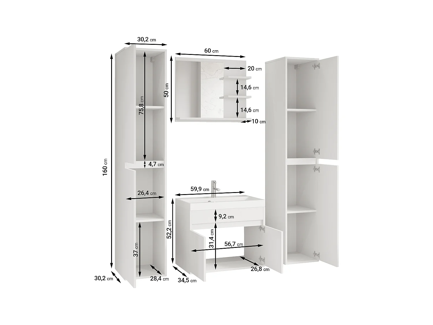 Conjunto moderno de muebles de baño 4 piezas – mueble con lavabo, columnas, espejo matera/castaño mate