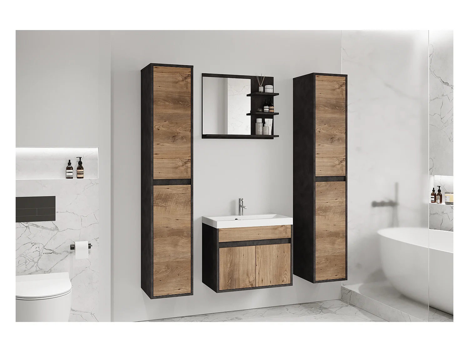 Ensemble moderne de meubles de salle de bain 4 pièces – armoire avec lavabo, colonnes, miroir matera/châtaignier mat
