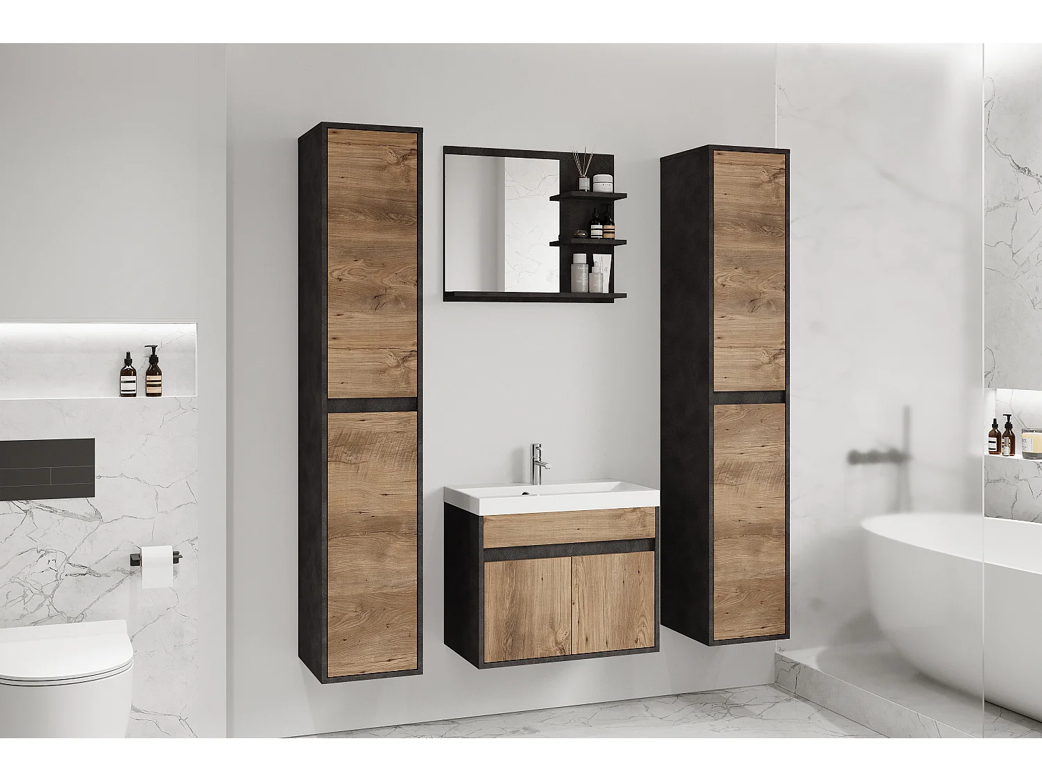 Moderne badmeubelset 4-delig – kast met wastafel, kolomkasten, spiegel matera/kastanje mat