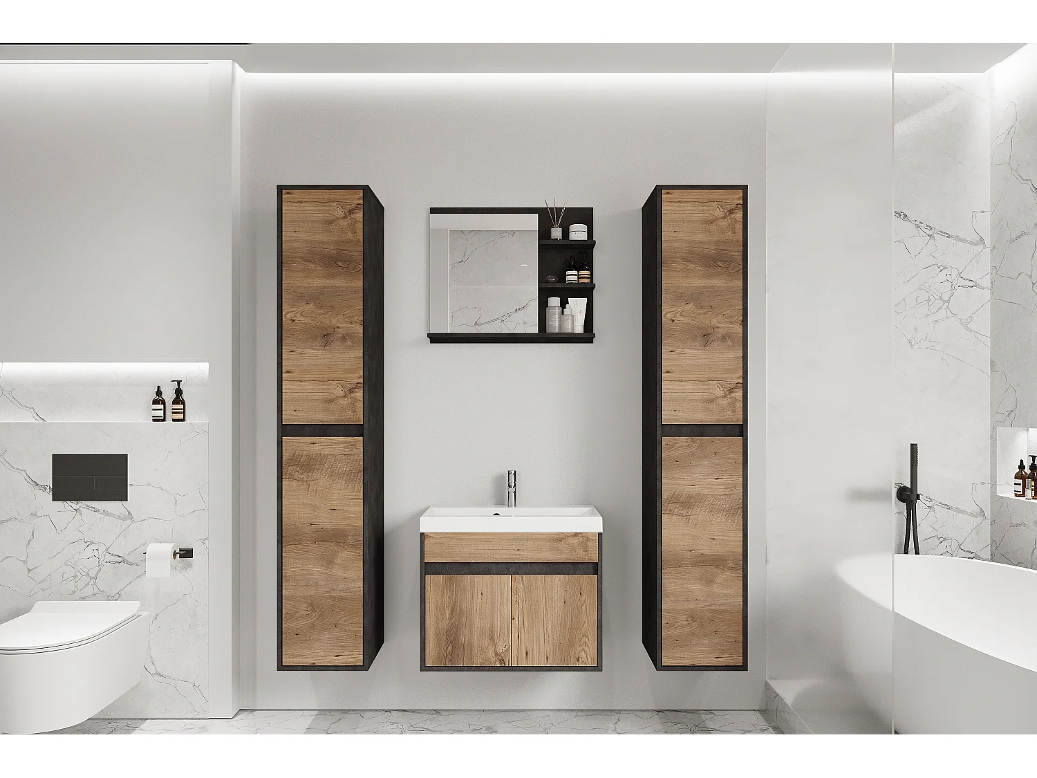 Moderne badmeubelset 4-delig – kast met wastafel, kolomkasten, spiegel matera/kastanje mat