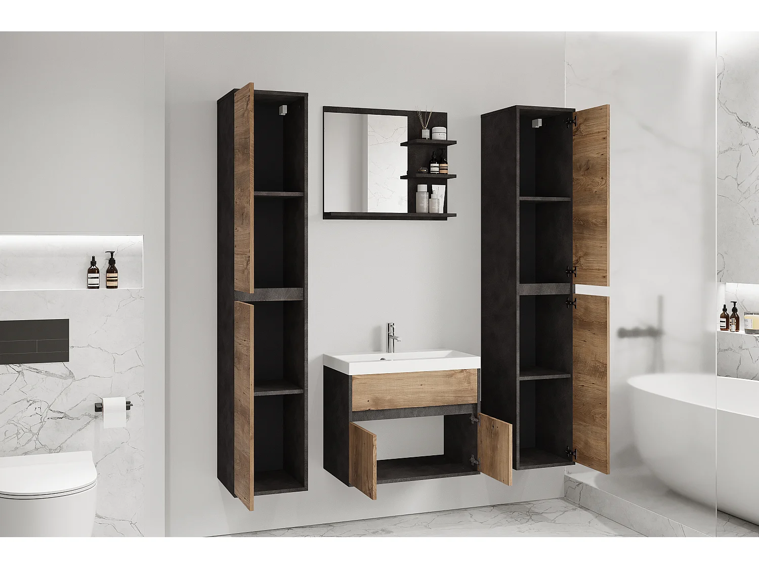 Moderne badmeubelset 4-delig – kast met wastafel, kolomkasten, spiegel matera/kastanje mat