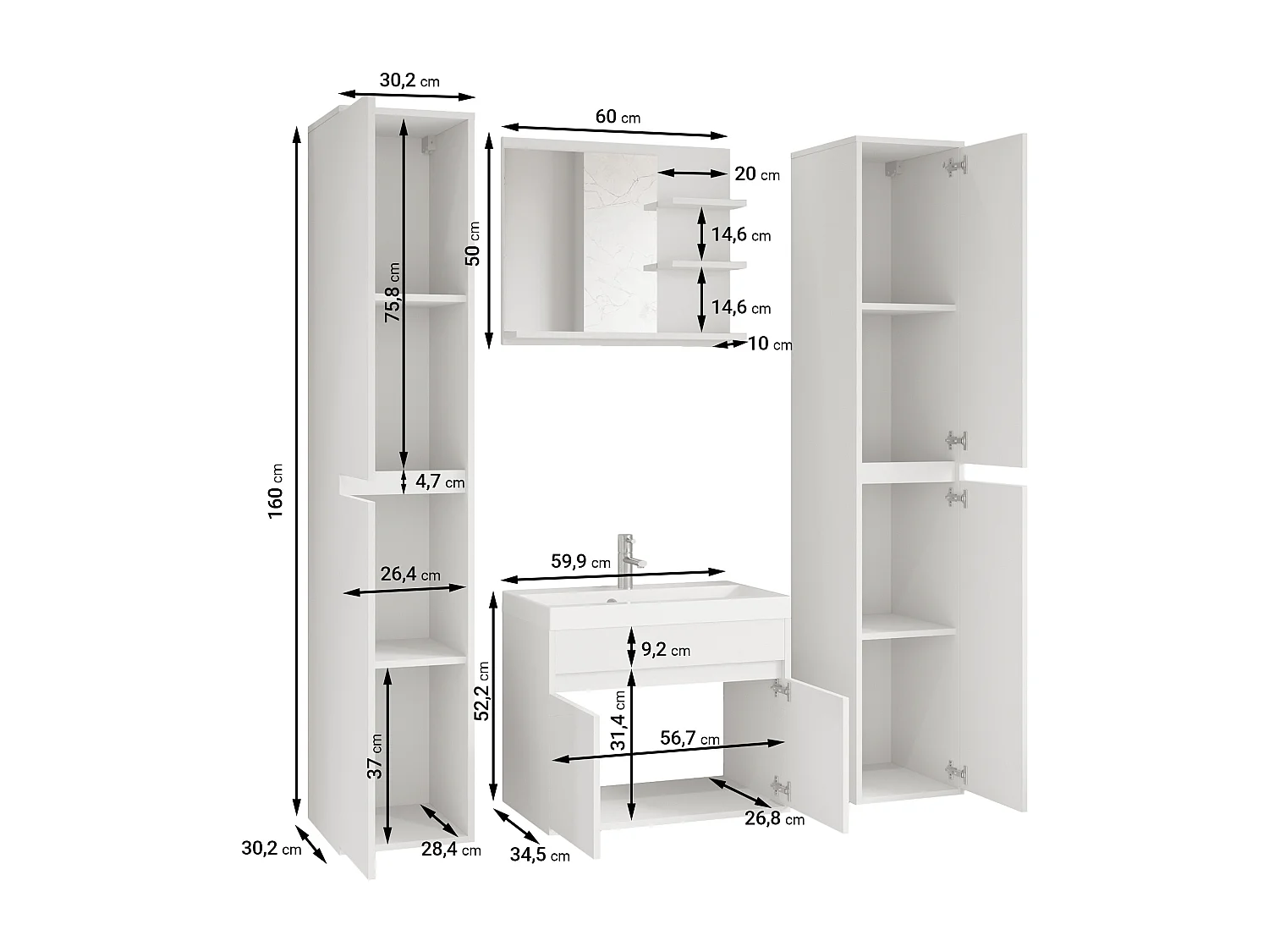 Moderne badmeubelset 4-delig – kast met wastafel, kolomkasten, spiegel matera/kastanje mat