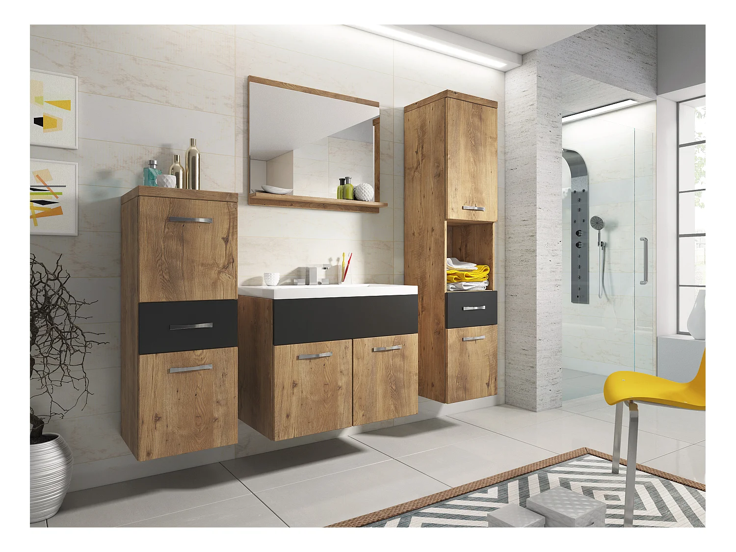 Nowoczesne meble łazienkowe, wiszący zestaw z umywalką, lustrem i słupkami, kasztan / czarny grafit mat