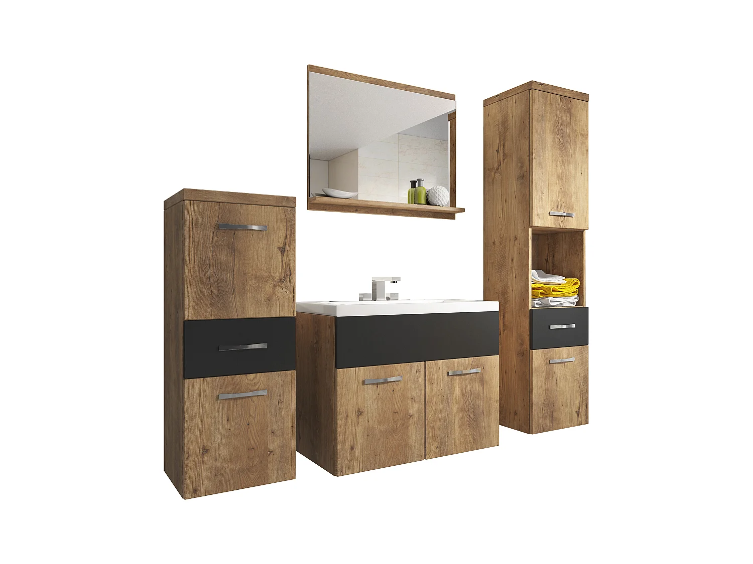 Nowoczesne meble łazienkowe, wiszący zestaw z umywalką, lustrem i słupkami, kasztan / czarny grafit mat