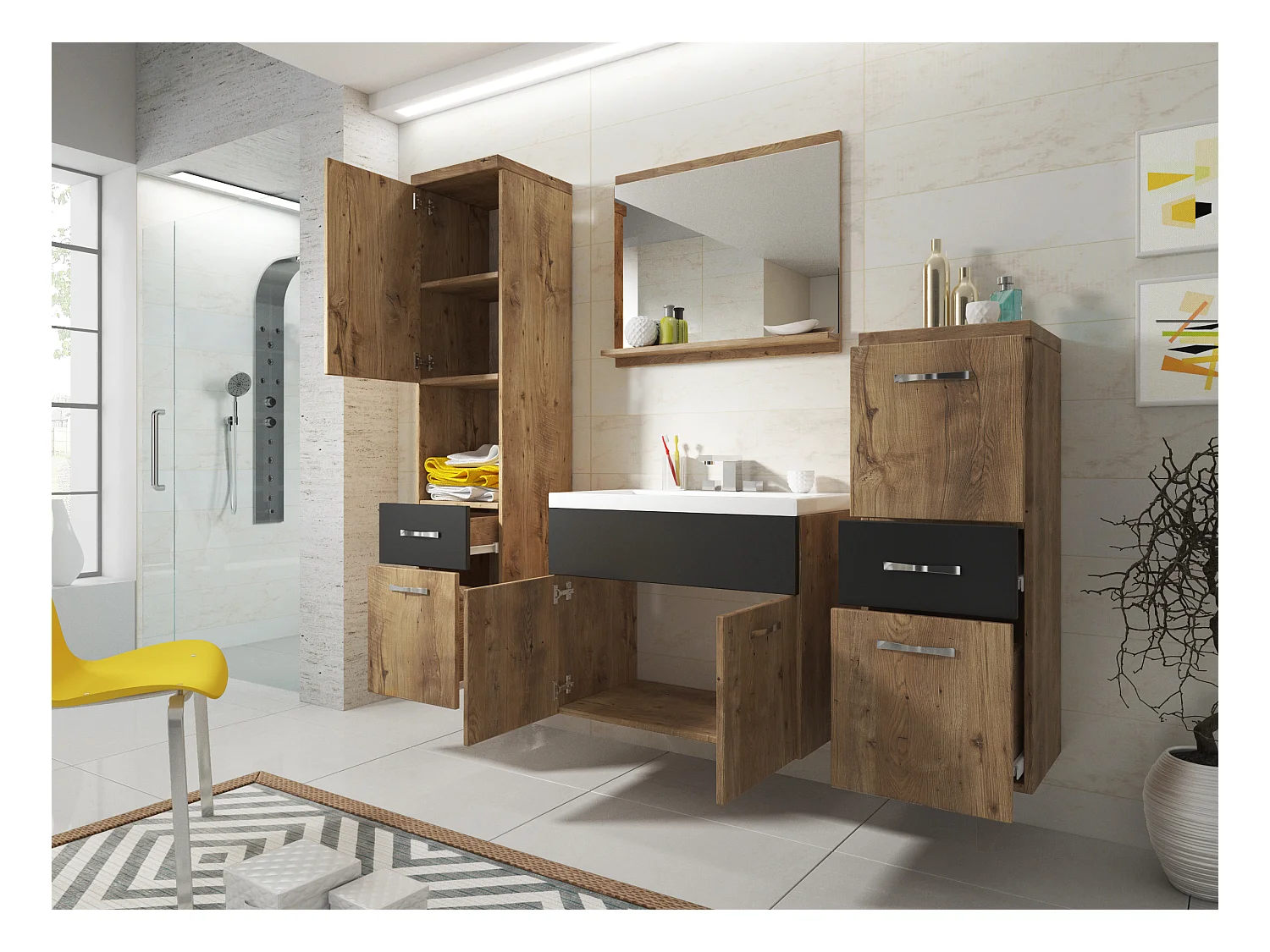 Nowoczesne meble łazienkowe, wiszący zestaw z umywalką, lustrem i słupkami, kasztan / czarny grafit mat