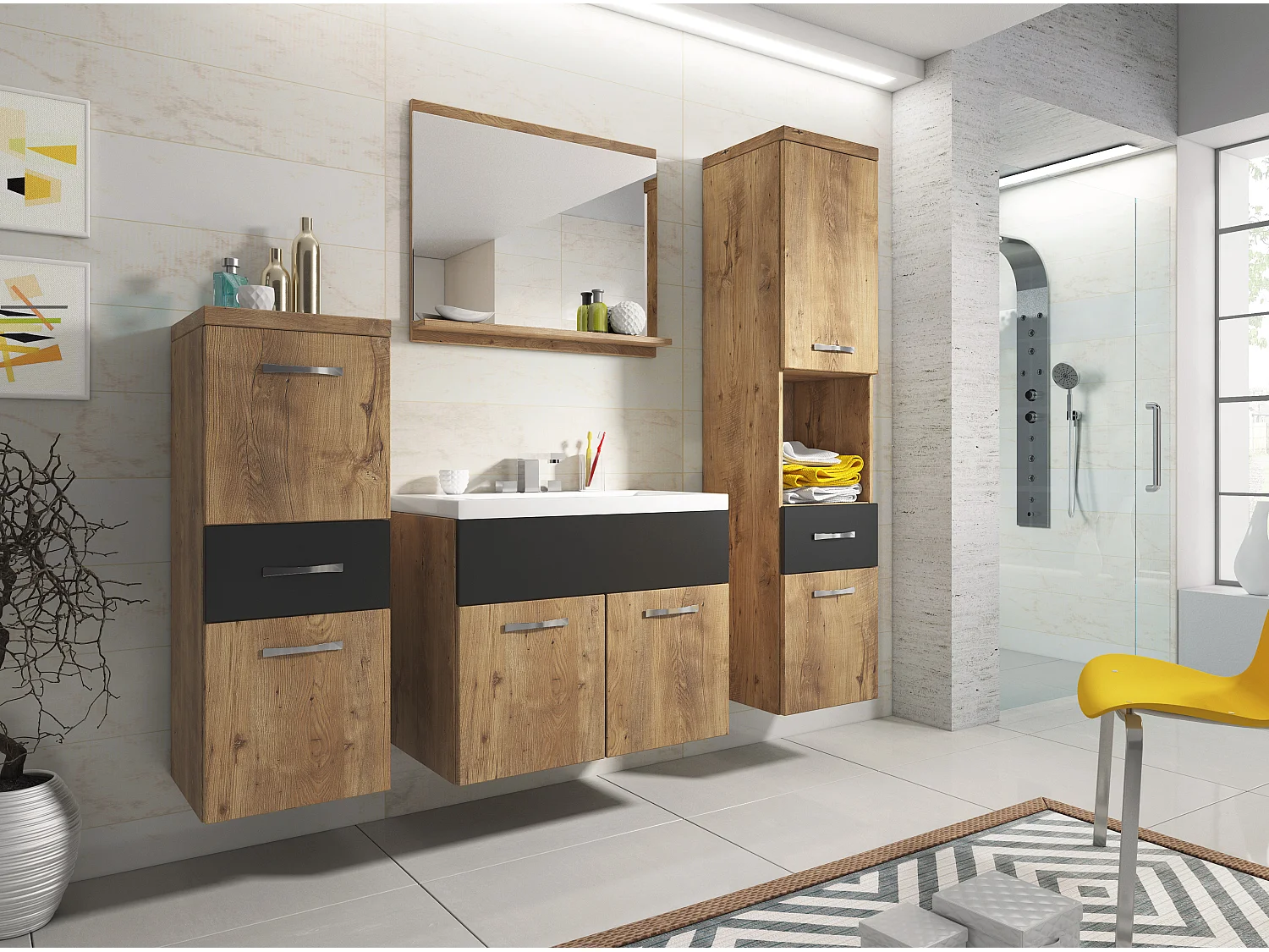 Meubles de salle de bain modernes, ensemble suspendu avec lavabo, miroir et colonnes, châtaignier / graphite noir mat