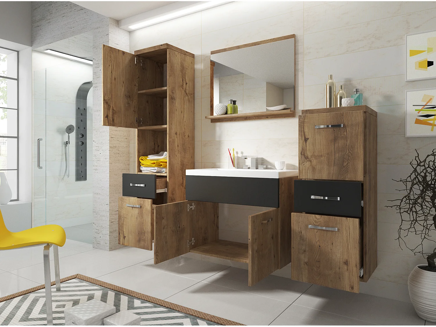 Meubles de salle de bain modernes, ensemble suspendu avec lavabo, miroir et colonnes, châtaignier / graphite noir mat