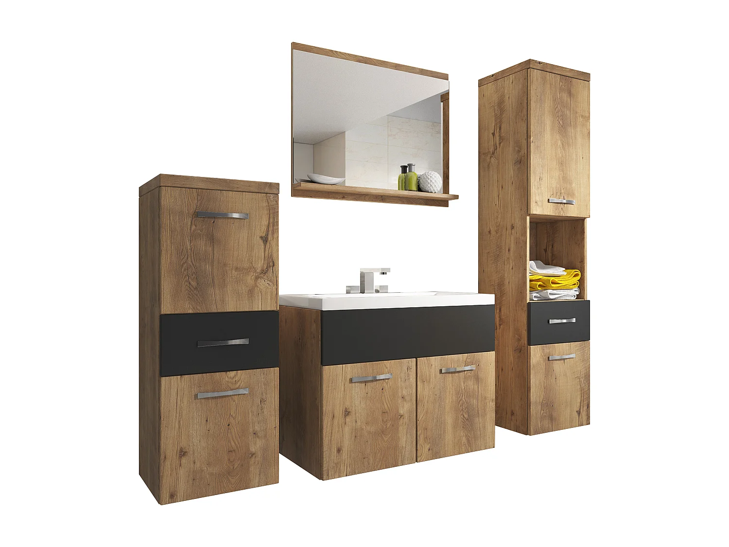 Meubles de salle de bain modernes, ensemble suspendu avec lavabo, miroir et colonnes, châtaignier / graphite noir mat