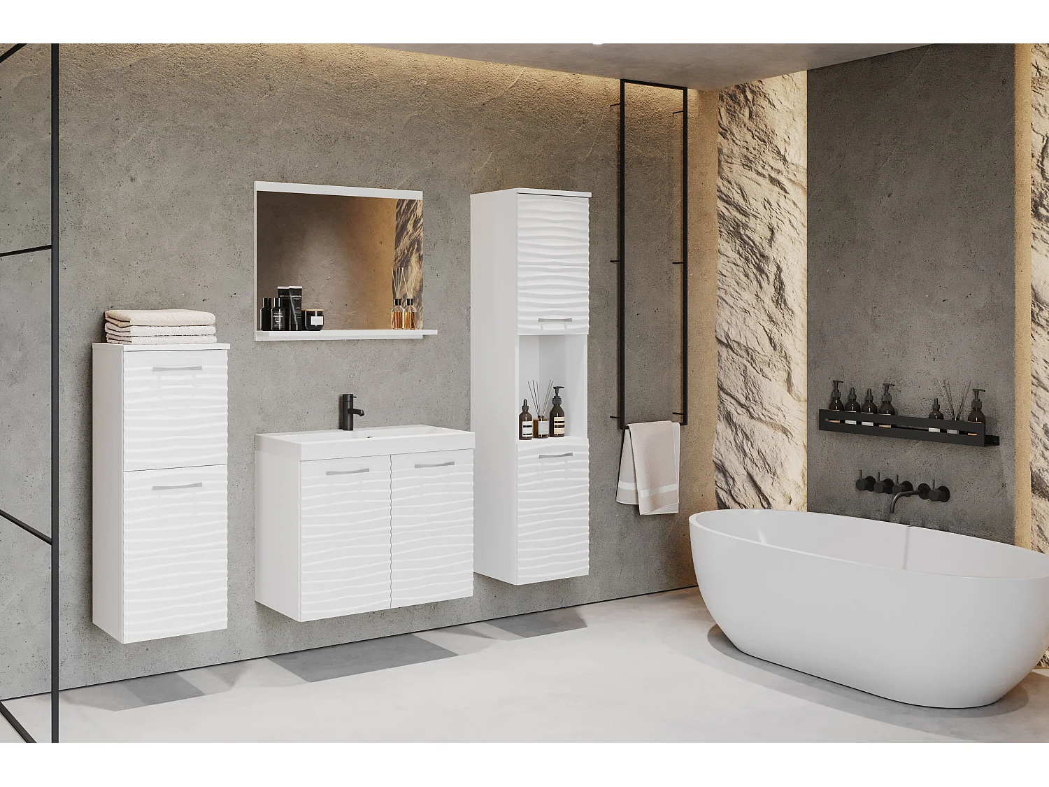 Meubles de salle de bain avec lavabo et miroir Vague blanche