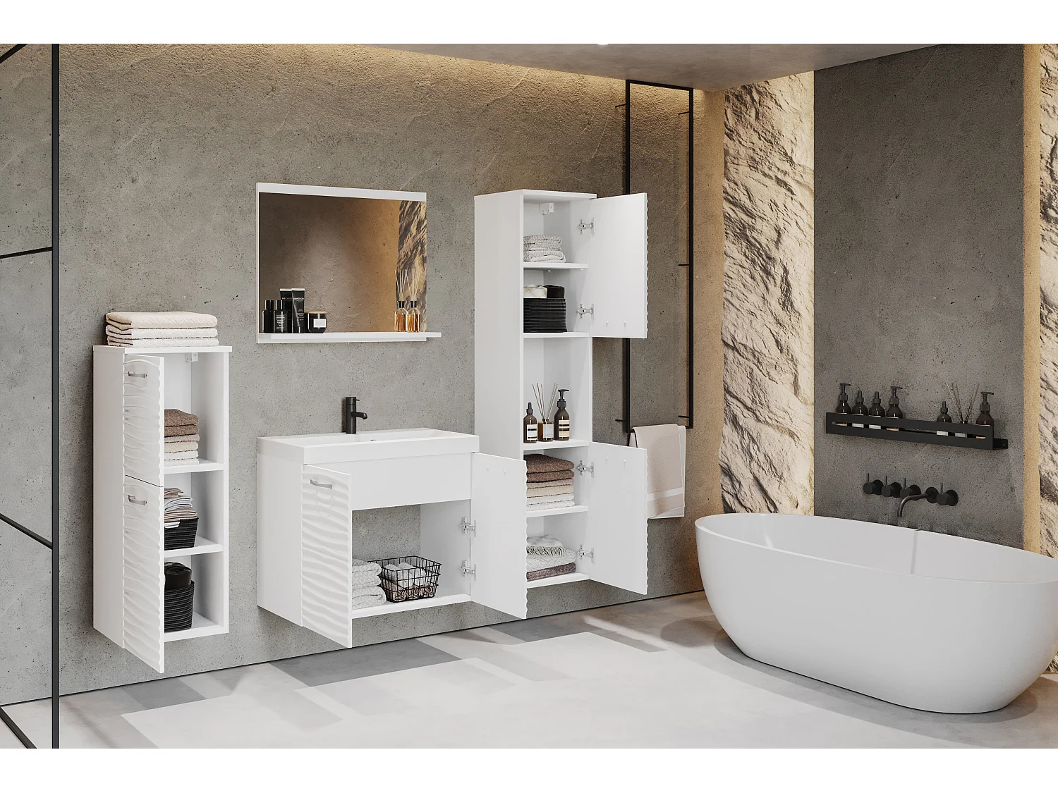 Meubles de salle de bain avec lavabo et miroir Vague blanche