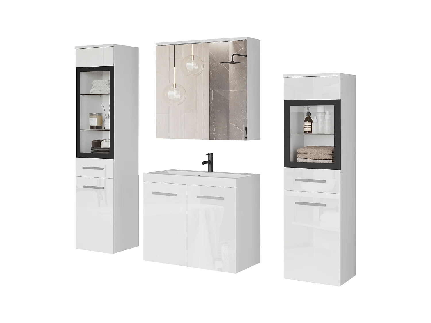 Ensemble de salle de bain suspendu avec lavabo, 2 colonnes et armoire miroir, caisson blanc mat / façades blanc brillant