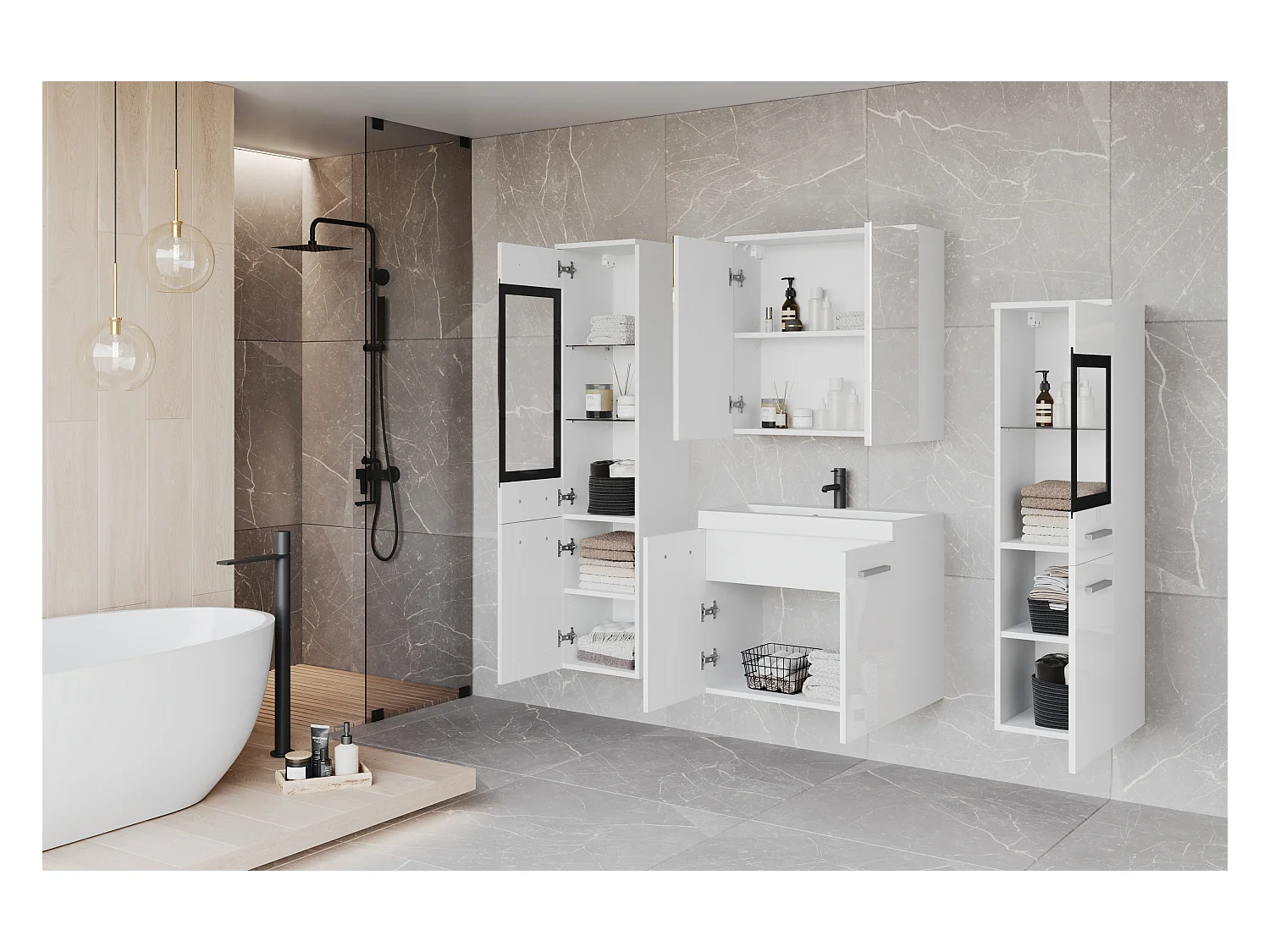 Ensemble de salle de bain suspendu avec lavabo, 2 colonnes et armoire miroir, caisson blanc mat / façades blanc brillant