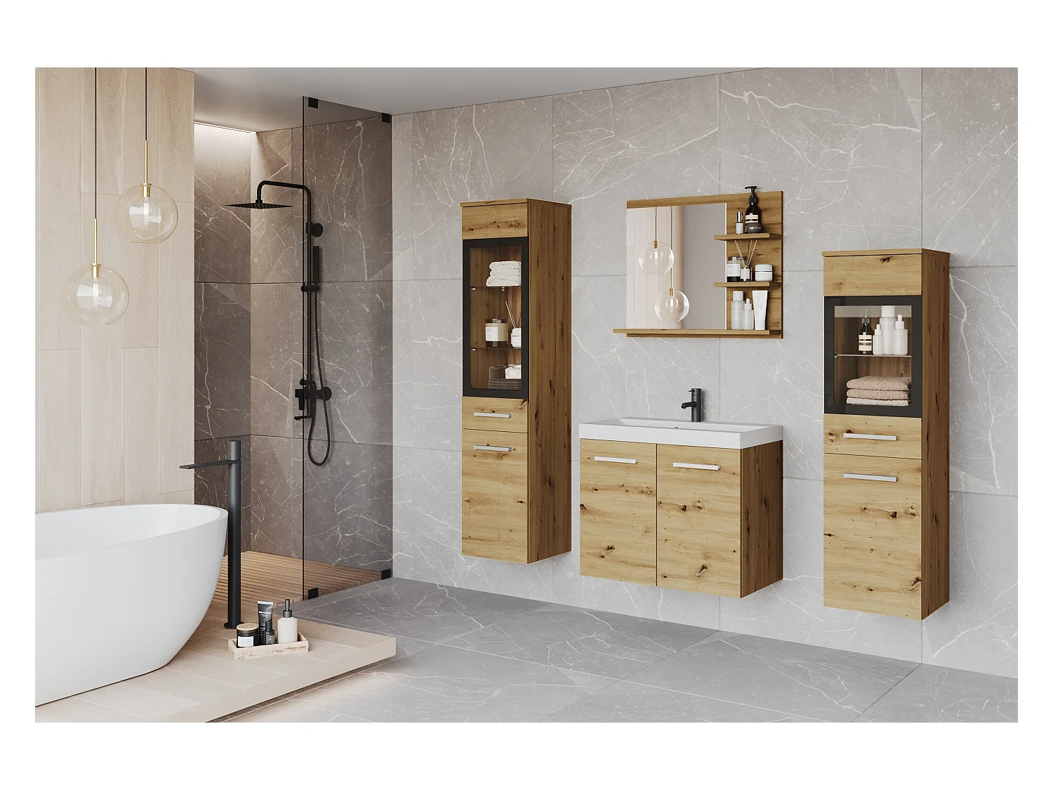 Ensemble de salle de bain, meubles suspendus avec lavabo, 2 colonnes et miroir avec étagères, chêne artisan mat