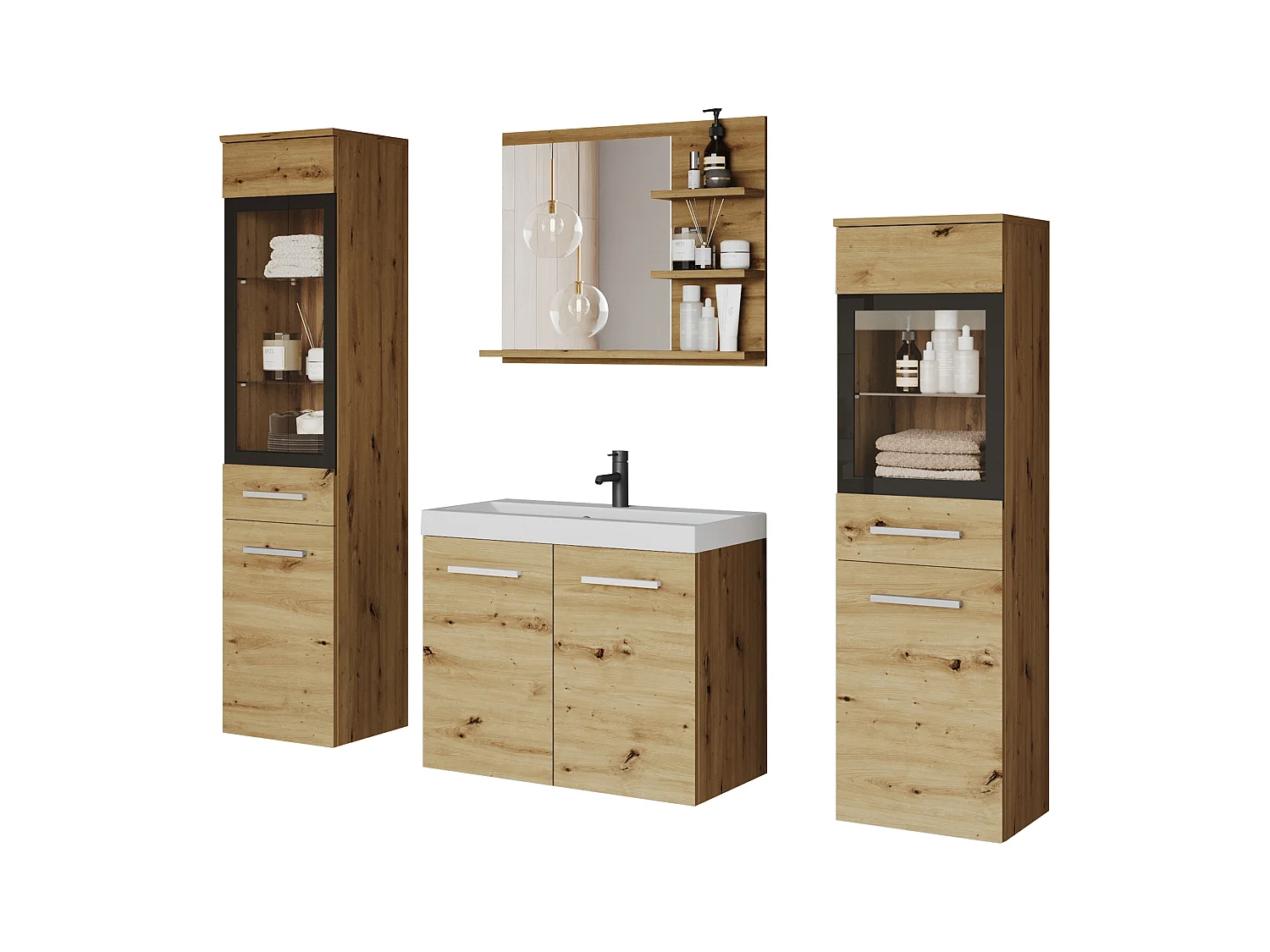 Ensemble de salle de bain, meubles suspendus avec lavabo, 2 colonnes et miroir avec étagères, chêne artisan mat