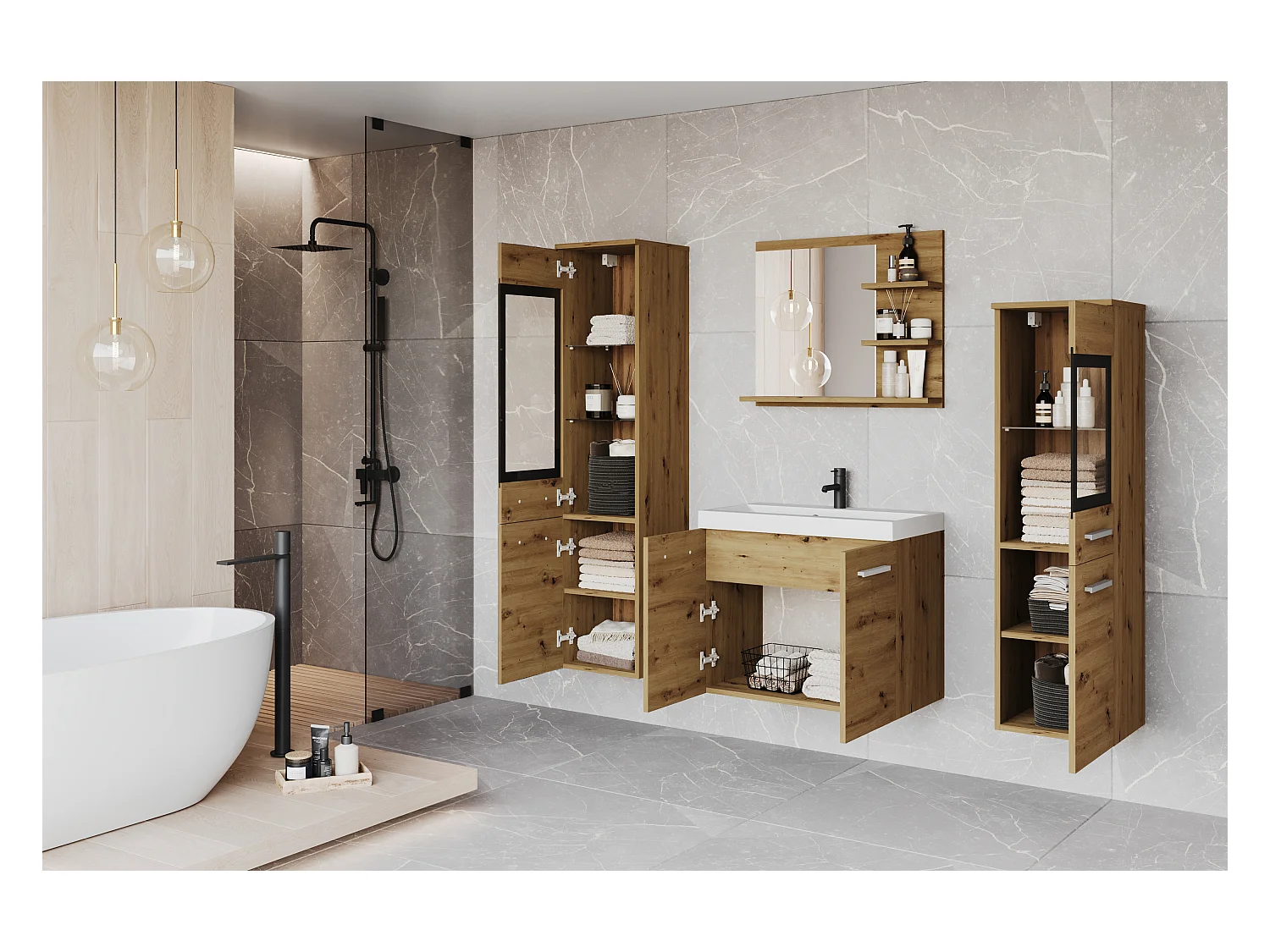 Ensemble de salle de bain, meubles suspendus avec lavabo, 2 colonnes et miroir avec étagères, chêne artisan mat
