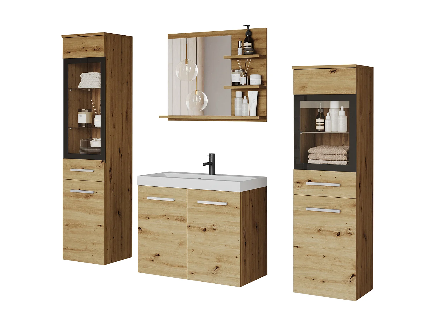 Ensemble de salle de bain, meubles suspendus avec lavabo, 2 colonnes et miroir avec étagères, chêne artisan mat