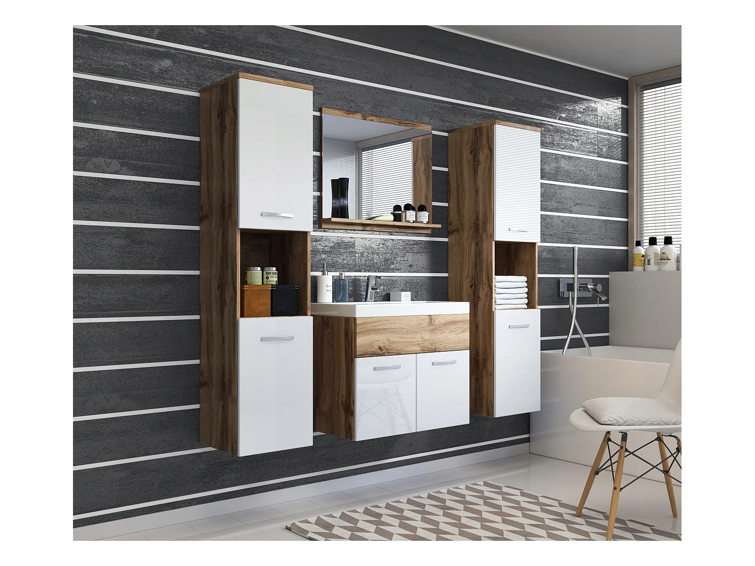 Conjunto de casa de banho suspenso com lavatório, espelho e 2 colunas, corpo wotan frentes branco brilho