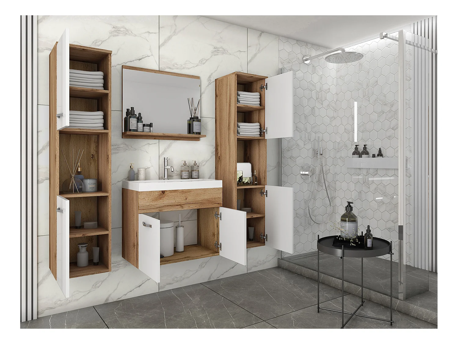 Conjunto de casa de banho suspenso com lavatório, espelho e 2 colunas, corpo wotan frentes branco brilho