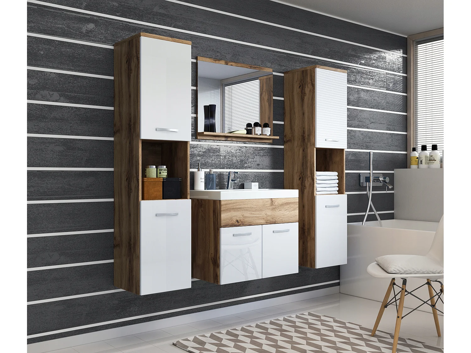 Badkamerset hangend met wastafel, spiegel en 2 kolomkasten, corpus wotan fronten wit hoogglans