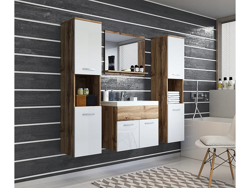 Conjunto de baño colgante con lavabo, espejo y 2 columnas, cuerpo wotan frentes blanco brillo