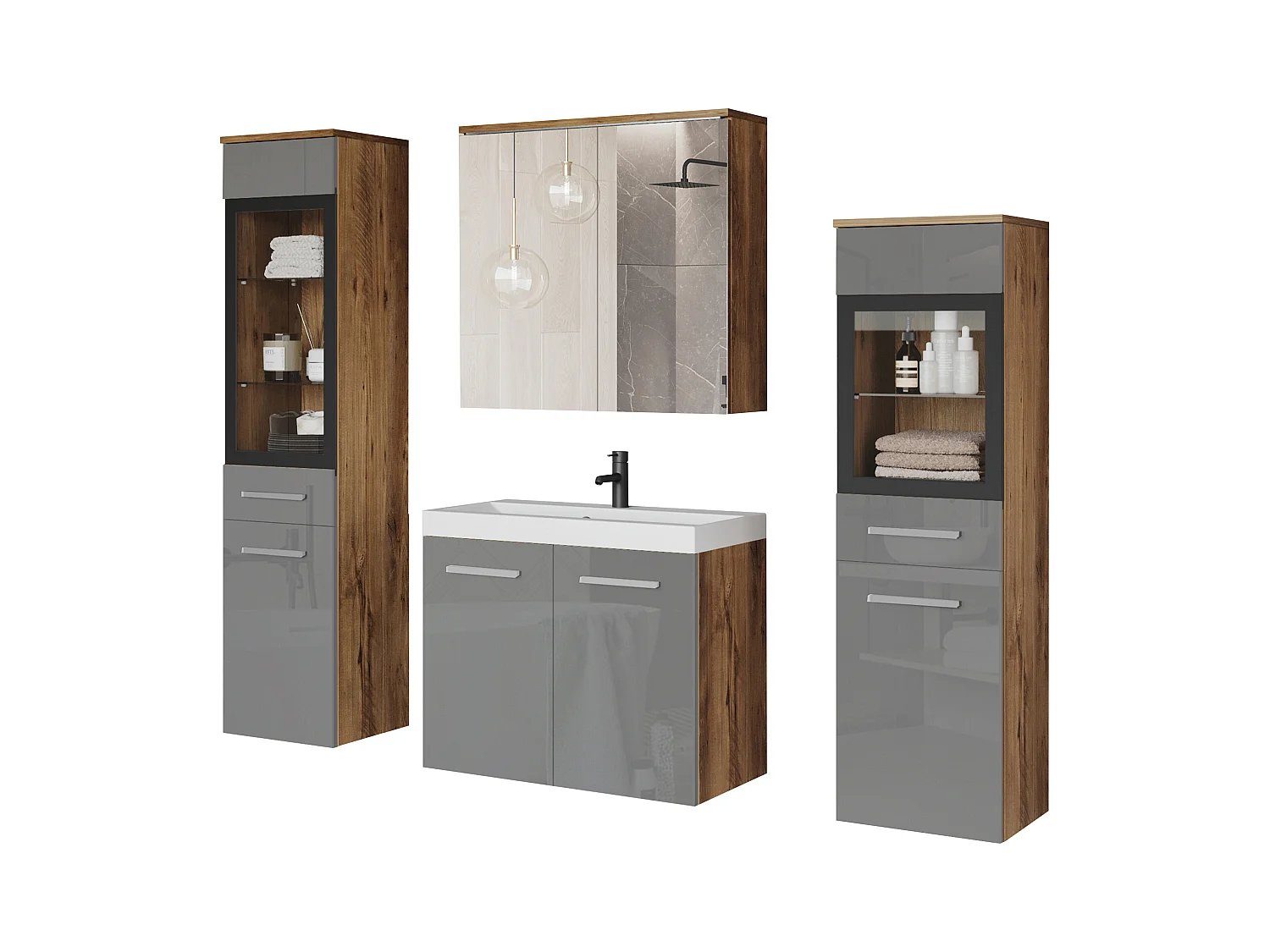 Meble łazienkowe, zestaw wiszący do łazienki z umywalką, 2 słupkami i szafką lustrzaną, korpus kasztan mat / fronty szary połysk