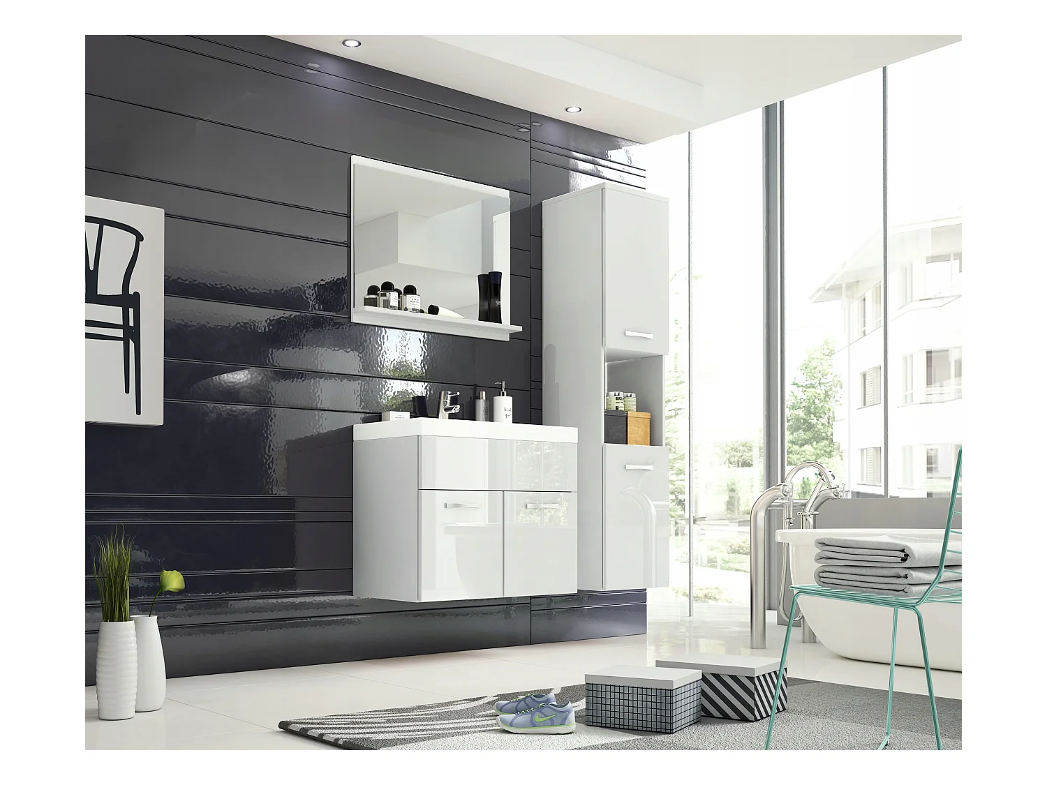 Ensemble de salle de bain suspendu avec lavabo, miroir et colonne, caisson blanc mat façades blanc brillant