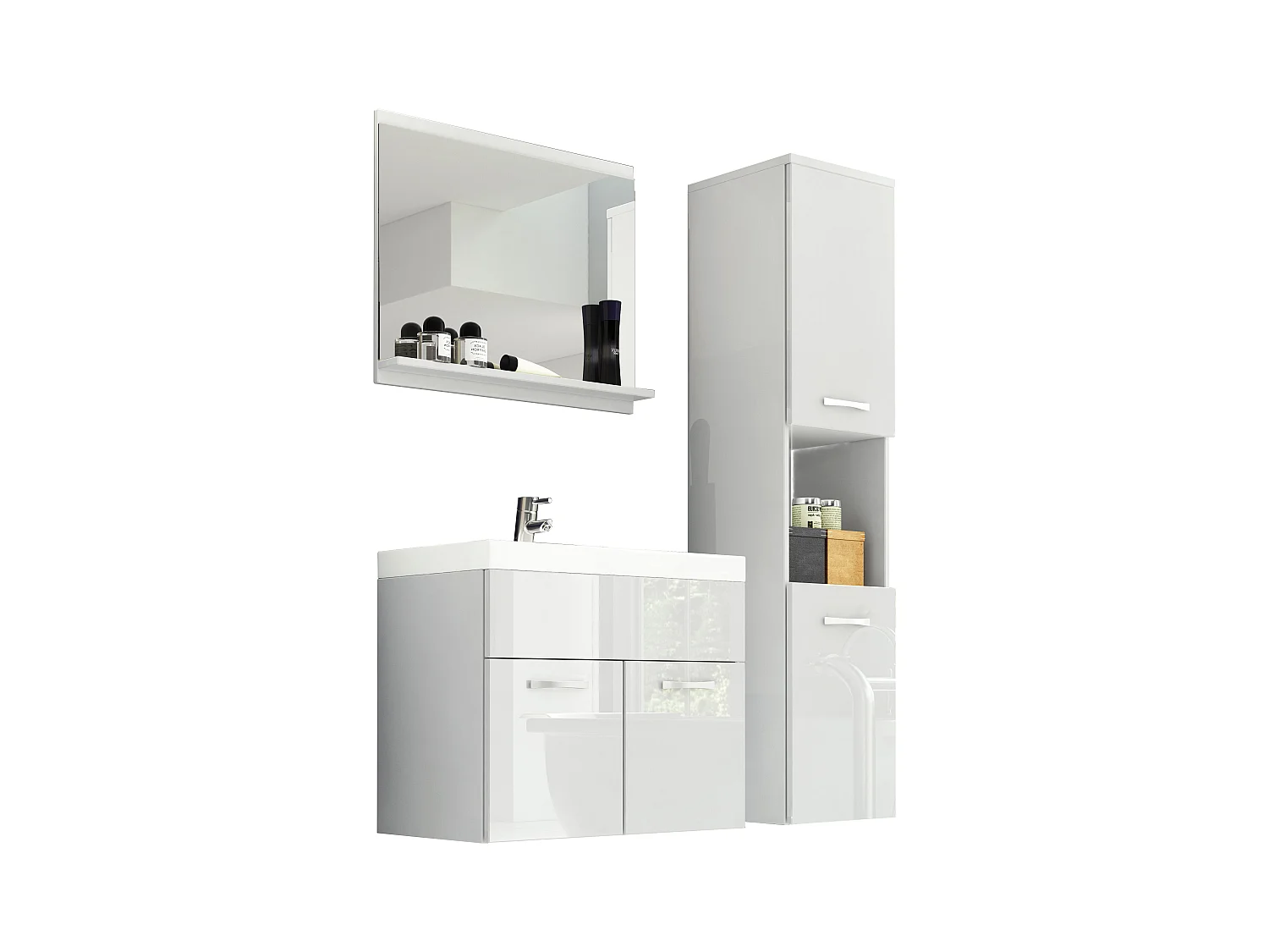 Ensemble de salle de bain suspendu avec lavabo, miroir et colonne, caisson blanc mat façades blanc brillant